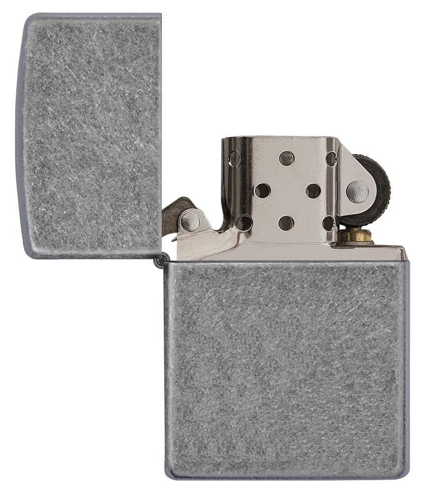 Vooraanzicht Zippo aansteker Antique Silver Plate geopend