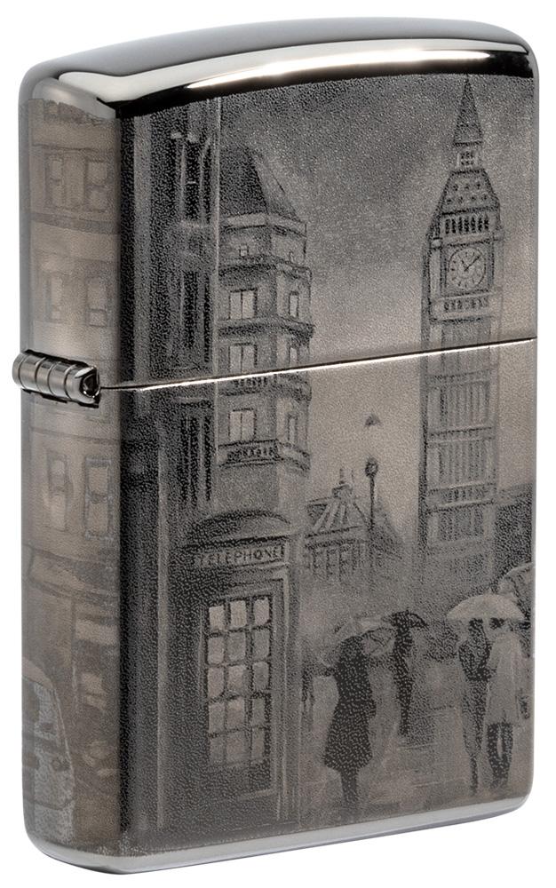 Vooraanzicht 3/4 hoek Zippo aansteker zwart ijs met Big Ben in Londen 360 graden foto beeldontwerp