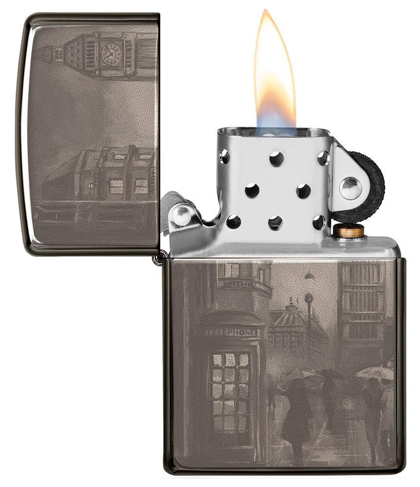 Zippo Aansteker Zwart IJs met Big Ben in Londen 360 Graden Fotobeeld Ontwerp Geopend met Vlam