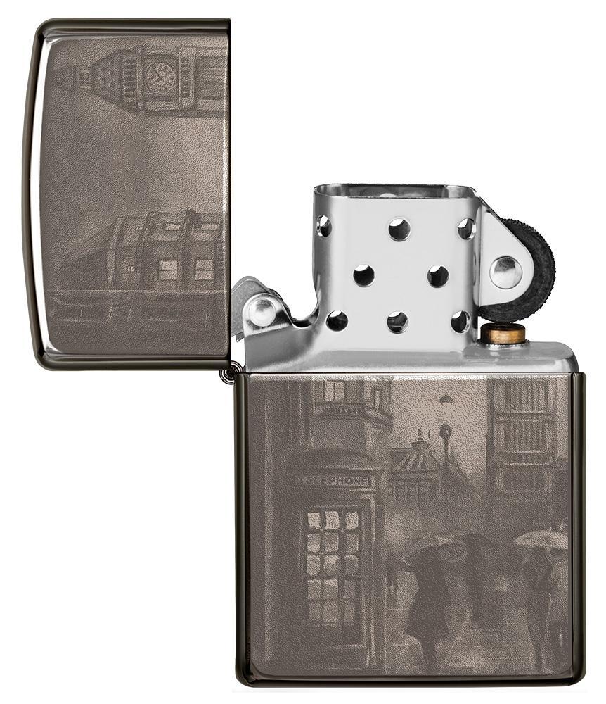 Zippo Aansteker Zwart IJs met Big Ben in Londen 360 Graden Foto Afbeeldingsontwerp Geopend zonder Vlam