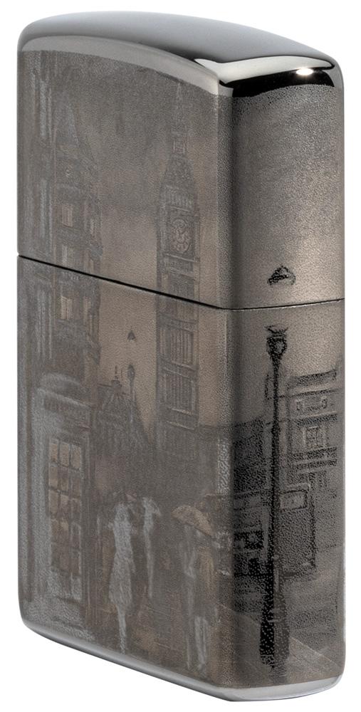 Zijaanzicht voorzijde Zippo aansteker zwart ijs met Big Ben in Londen 360 graden foto beeldontwerp