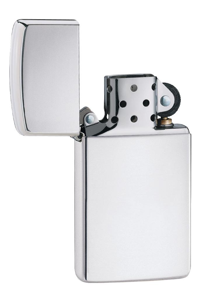 Vooraanzicht Slim Chrome High Polished Zippo aansteker geopend
