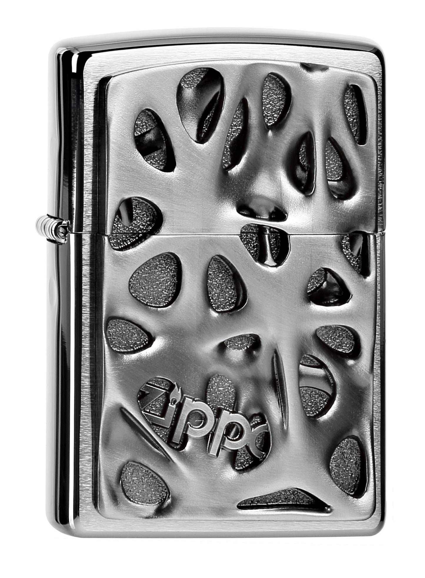 Vooraanzicht Zippo aansteker chroom gaatjes embleem