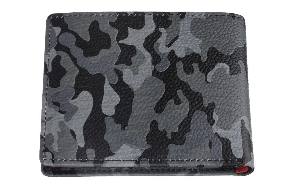 Achteraanzicht portemonnee landschapformaat grijs camouflagepatroon Zippo-logo gesloten