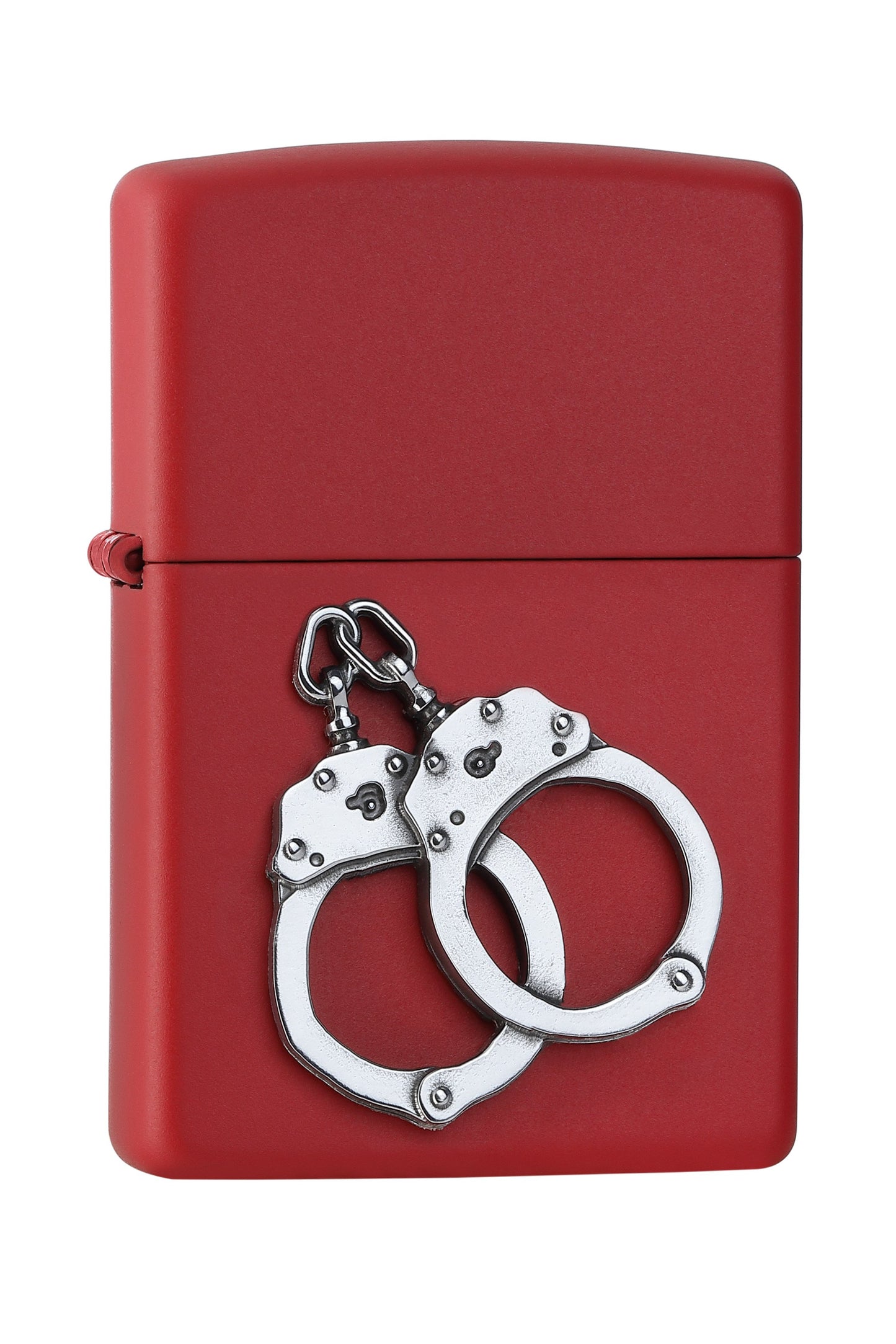 Vooraanzicht 3/4 hoek Zippo-aansteker rood mat embleem met zilveren handboeien