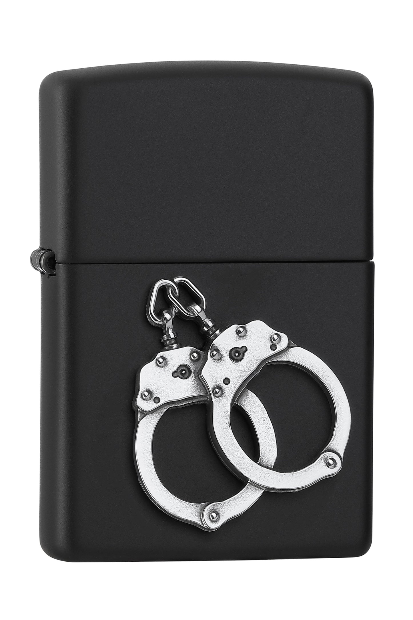 Vooraanzicht Zippo-aansteker zwart mat embleem met zilveren handboeien