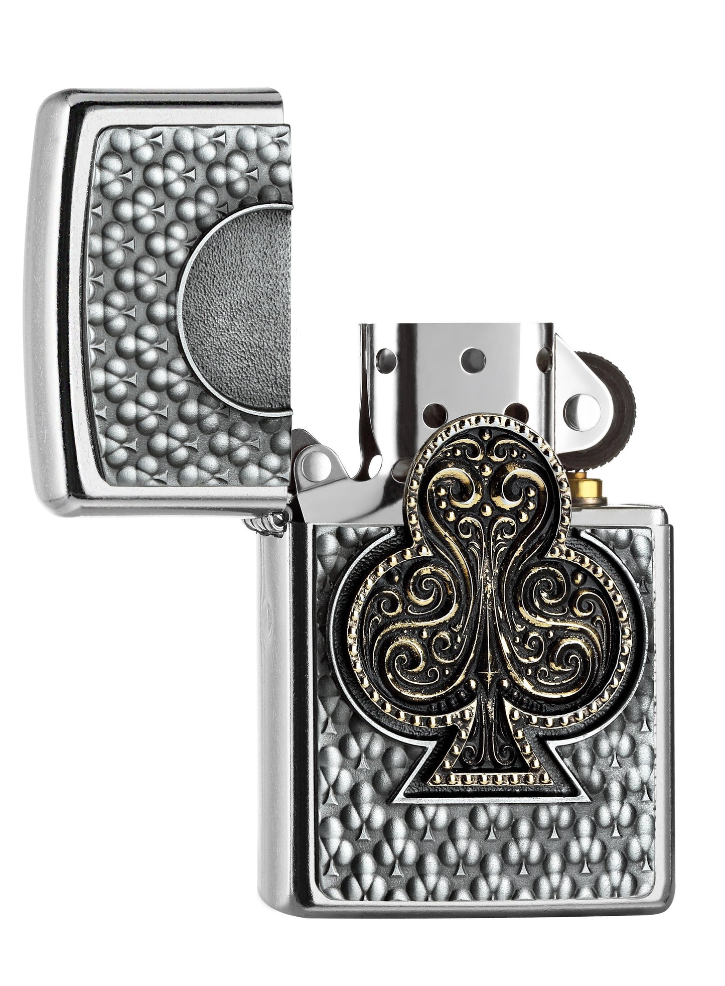 Zippo aansteker speelkaart klaveren embleem geopend