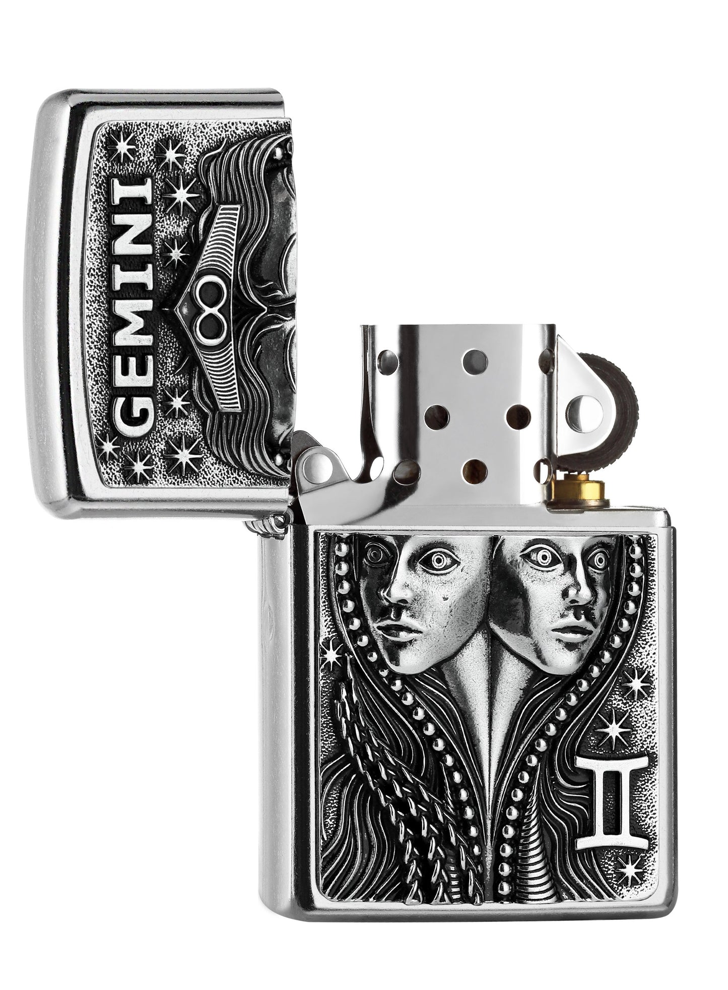 Zippo aansteker sterrenbeeld Tweelingen embleem geopend