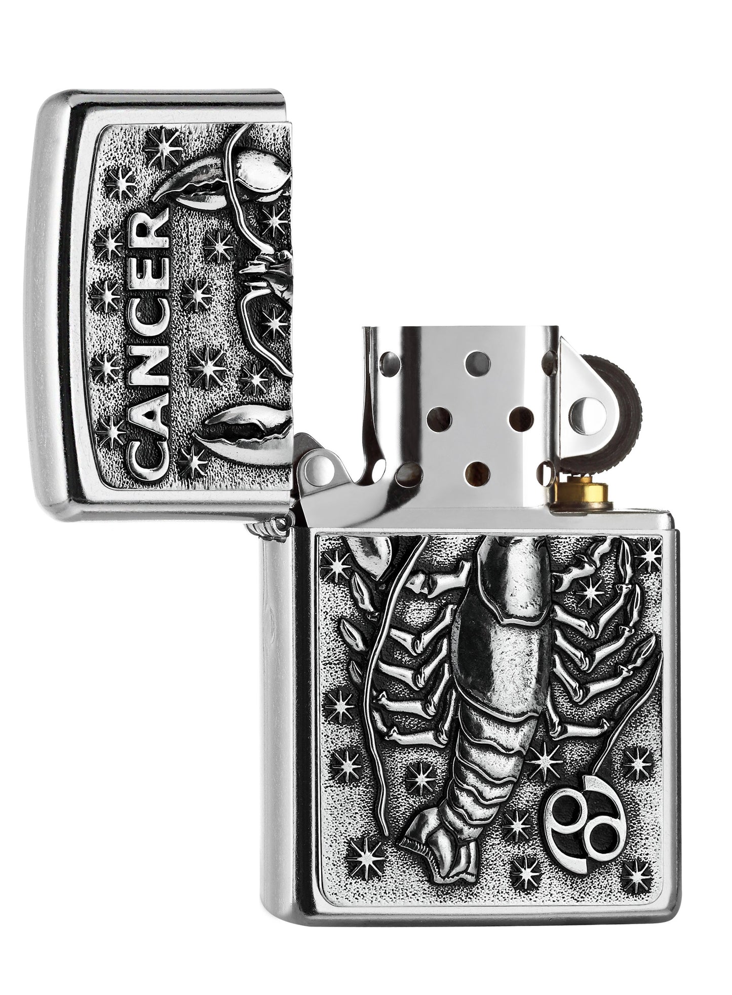 Zippo aansteker sterrenbeeld Kreeft embleem geopend