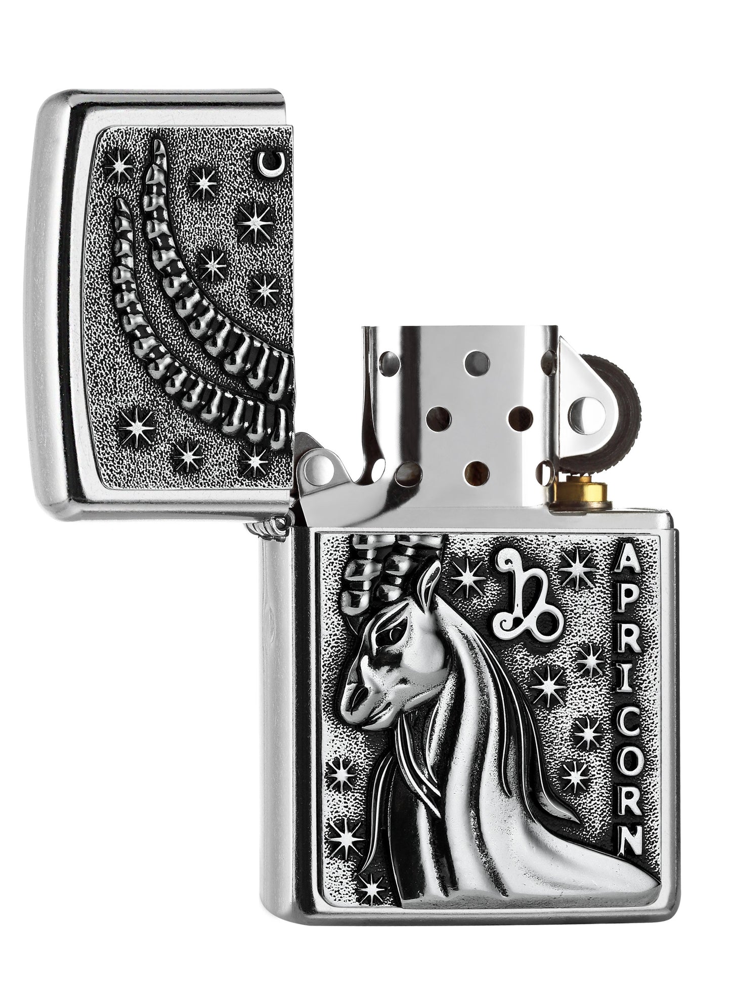 Zippo aansteker sterrenbeeld Steenbok embleem geopend