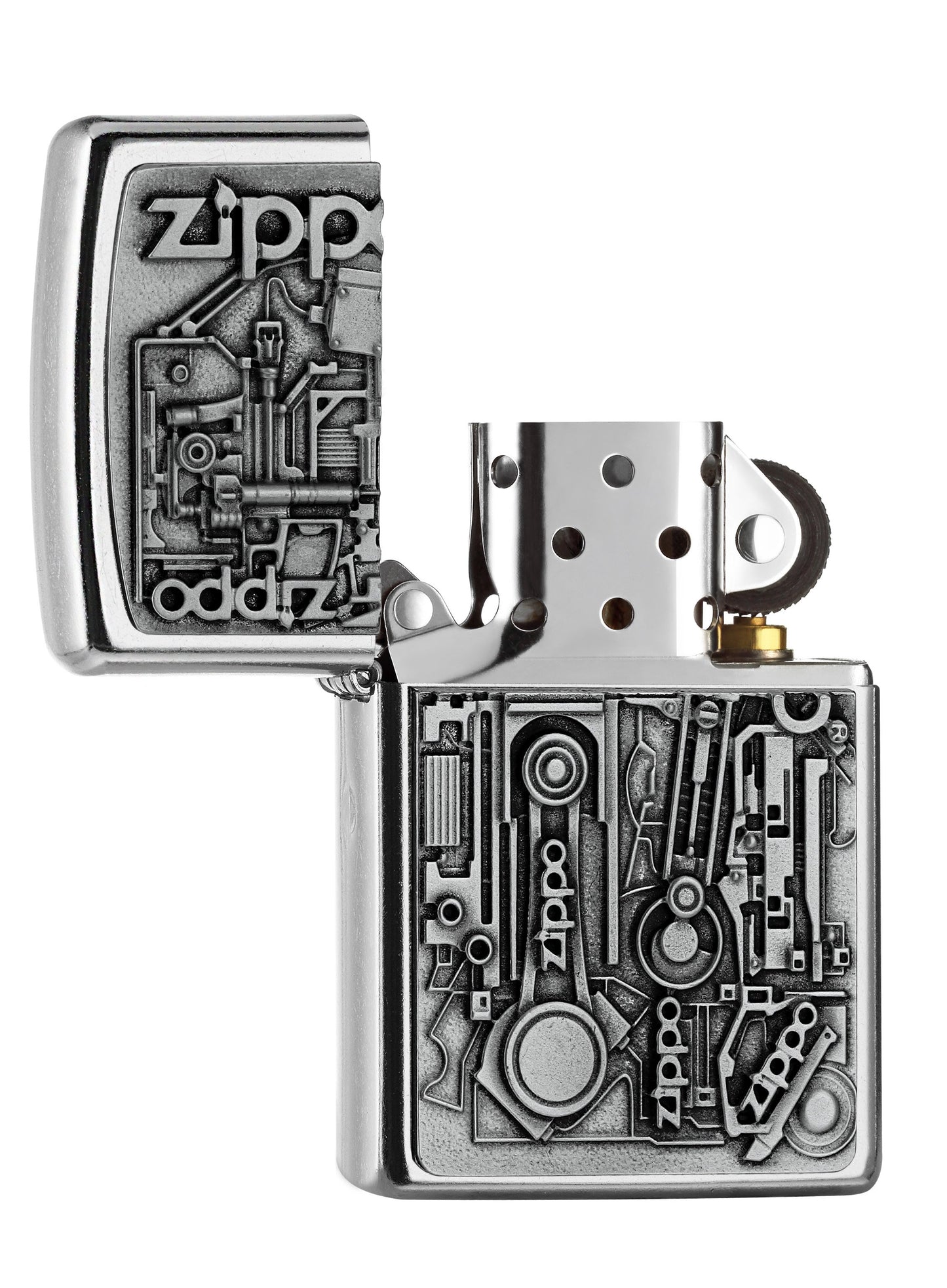 Zippo aansteker motoronderdelen embleem geopend