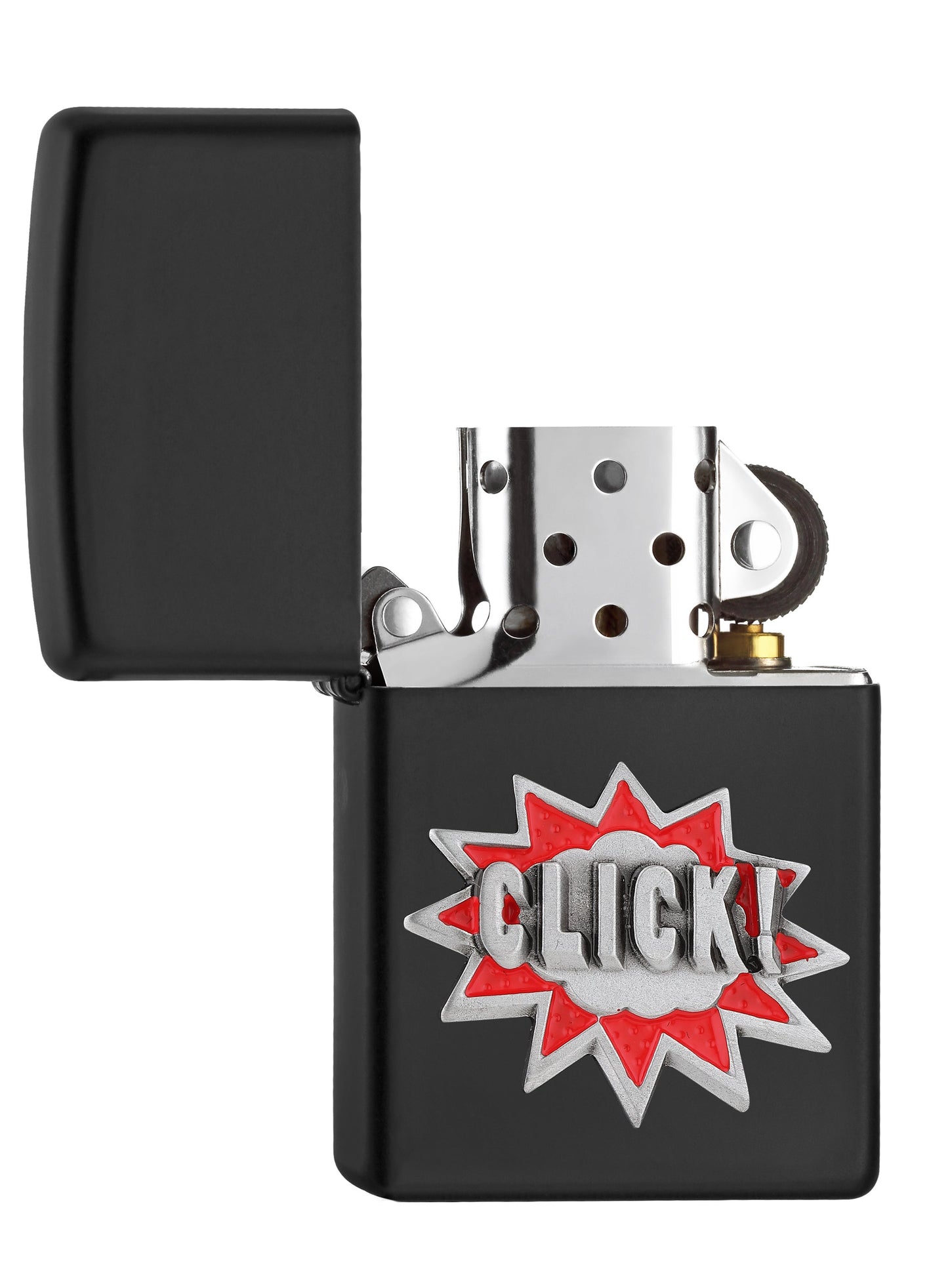 Zippo-aansteker blauw met Click-letters als embleem open