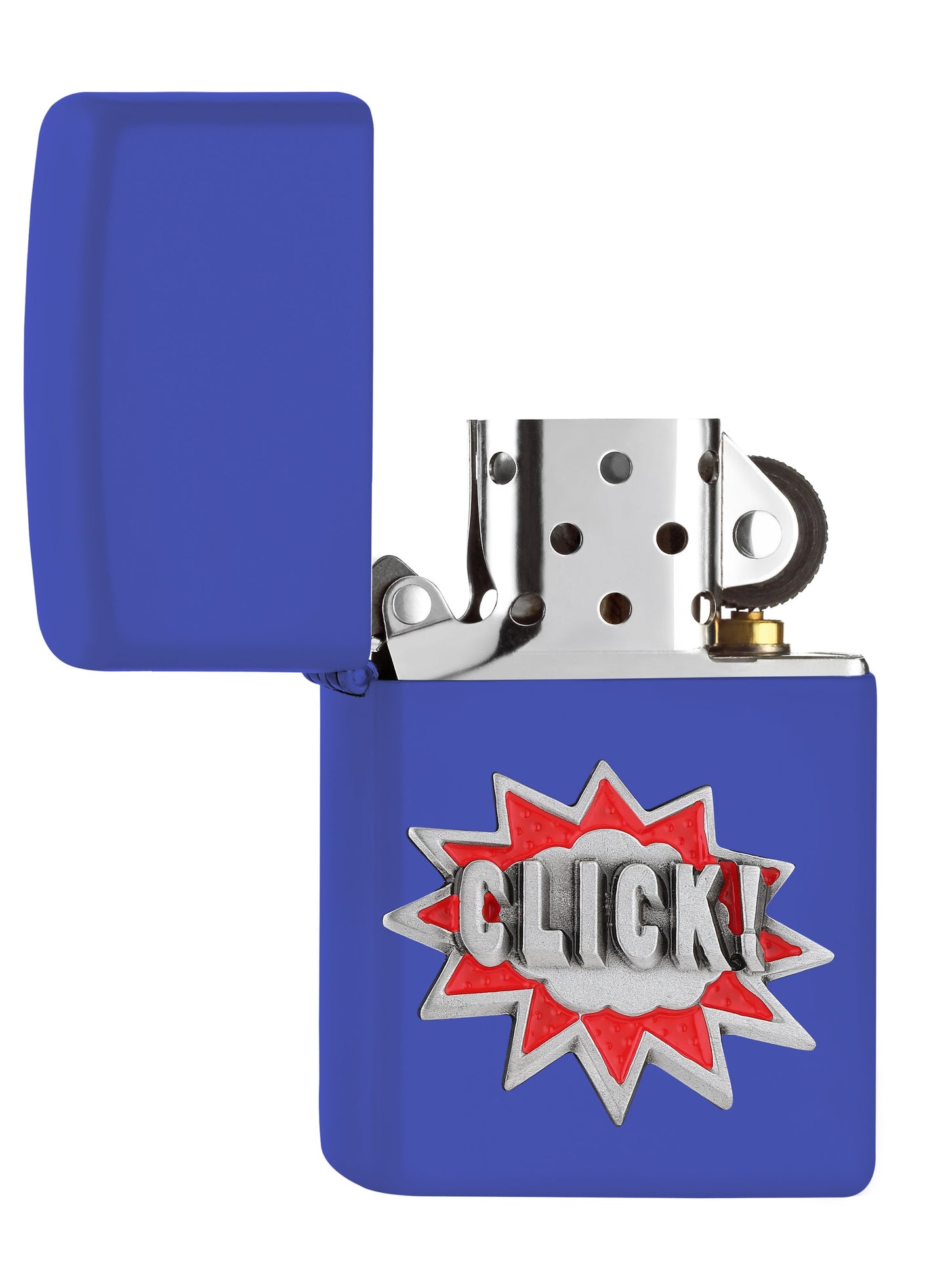 Zippo-aansteker blauw met Click-letters als embleem open