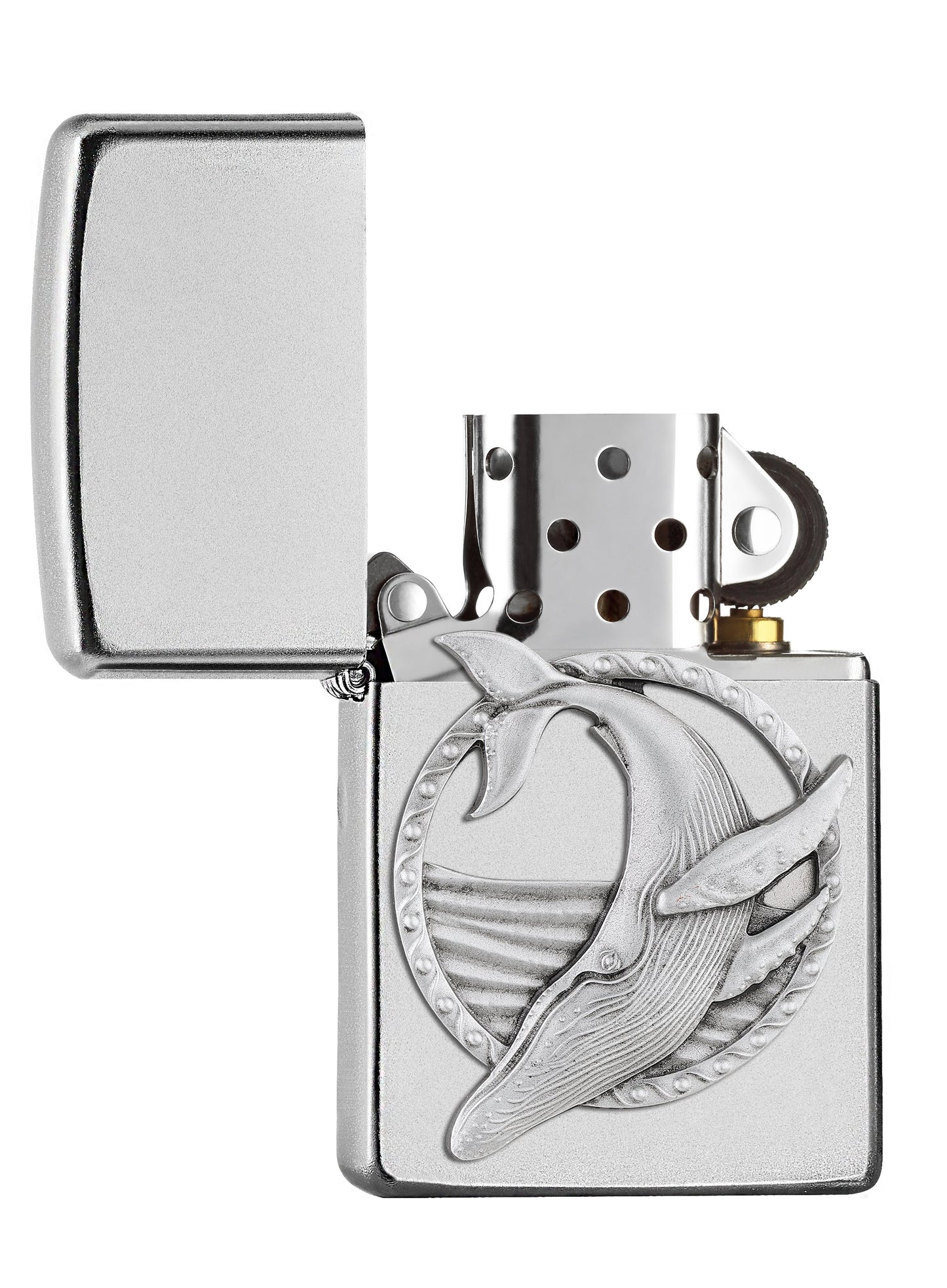 Zippo-aansteker donkerblauw blauwe vinvis embleem open
