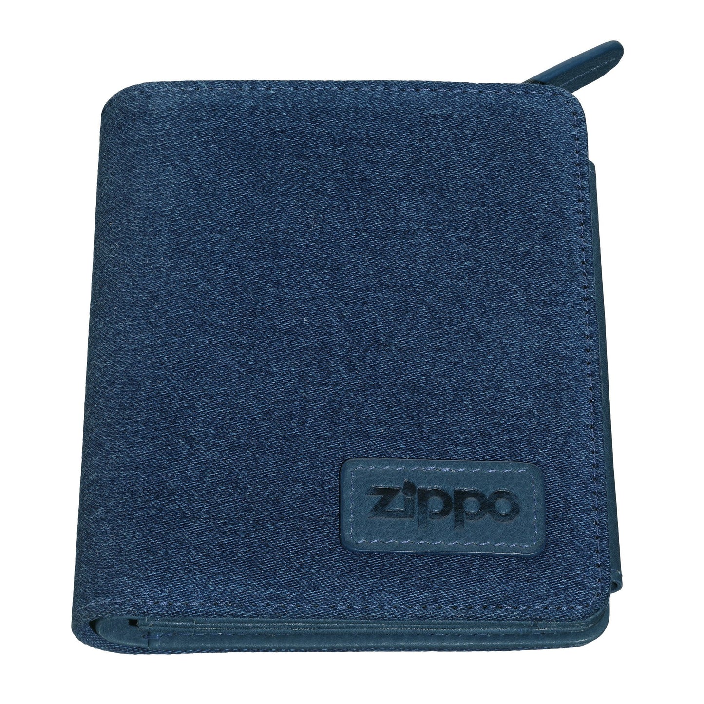 Vooraanzicht Zippo Denim en Blauwe Lederen Portemonnee met Rits en Logo
