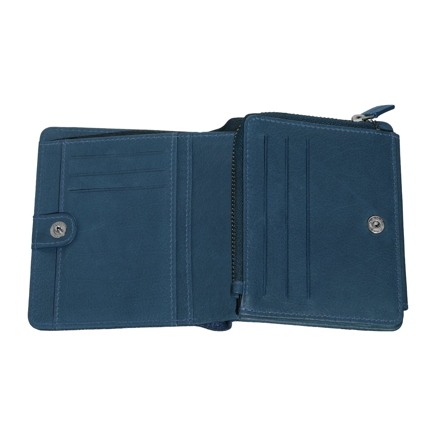 Binnenzijde Zippo Denim en Blauwe Lederen Portemonnee met Rits, Twee Compartimenten en Logo Geopend