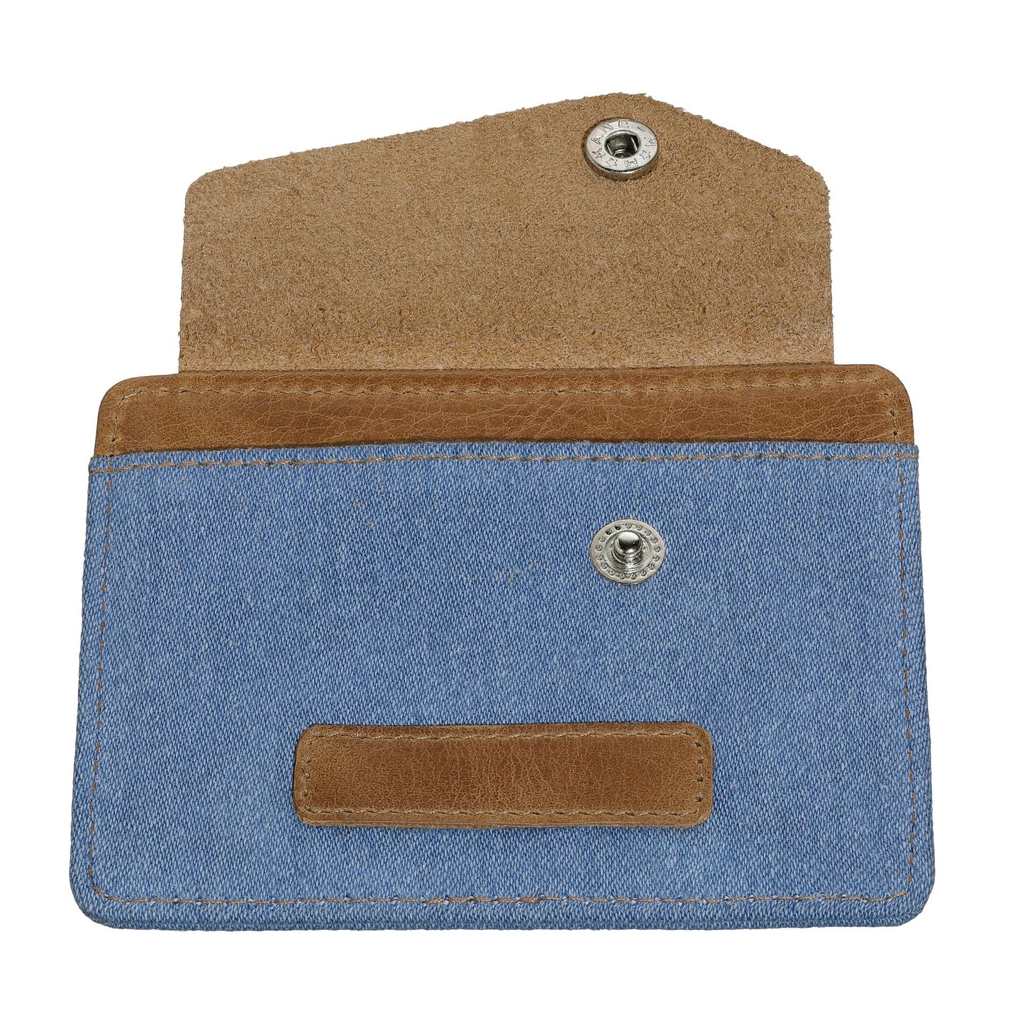 Achteraanzicht Zippo Credit Card Houder Blue Jeans en Leer Open met Drukknop