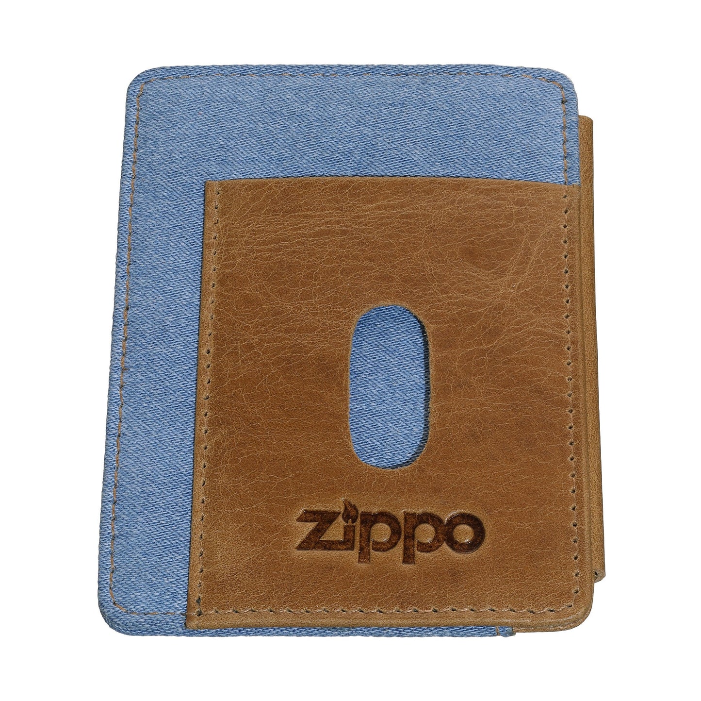 Vooraanzicht Zippo Credit Card Houder Blue Jeans en leder met reliëf logo