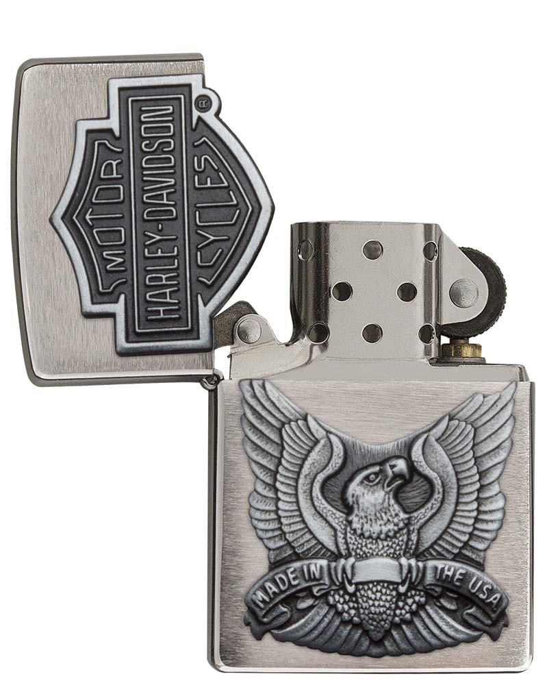 Vooraanzicht geborsteld chroom met Harley Davidson-embleem en adelaar open