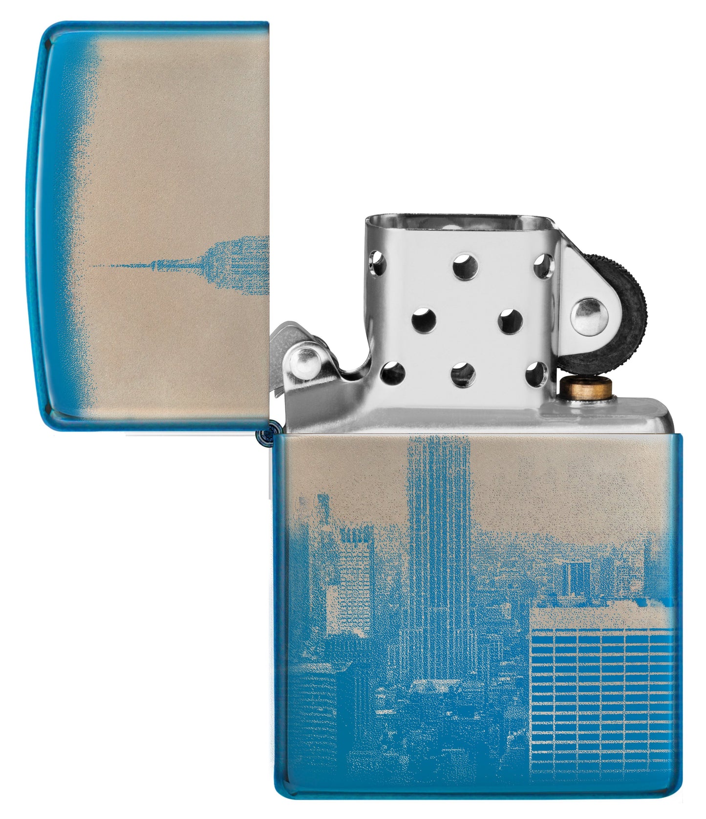 Zippo Aansteker 360 graden gepolijst blauw met New York Skyline Empire State Building Alleen online geopend zonder vlam