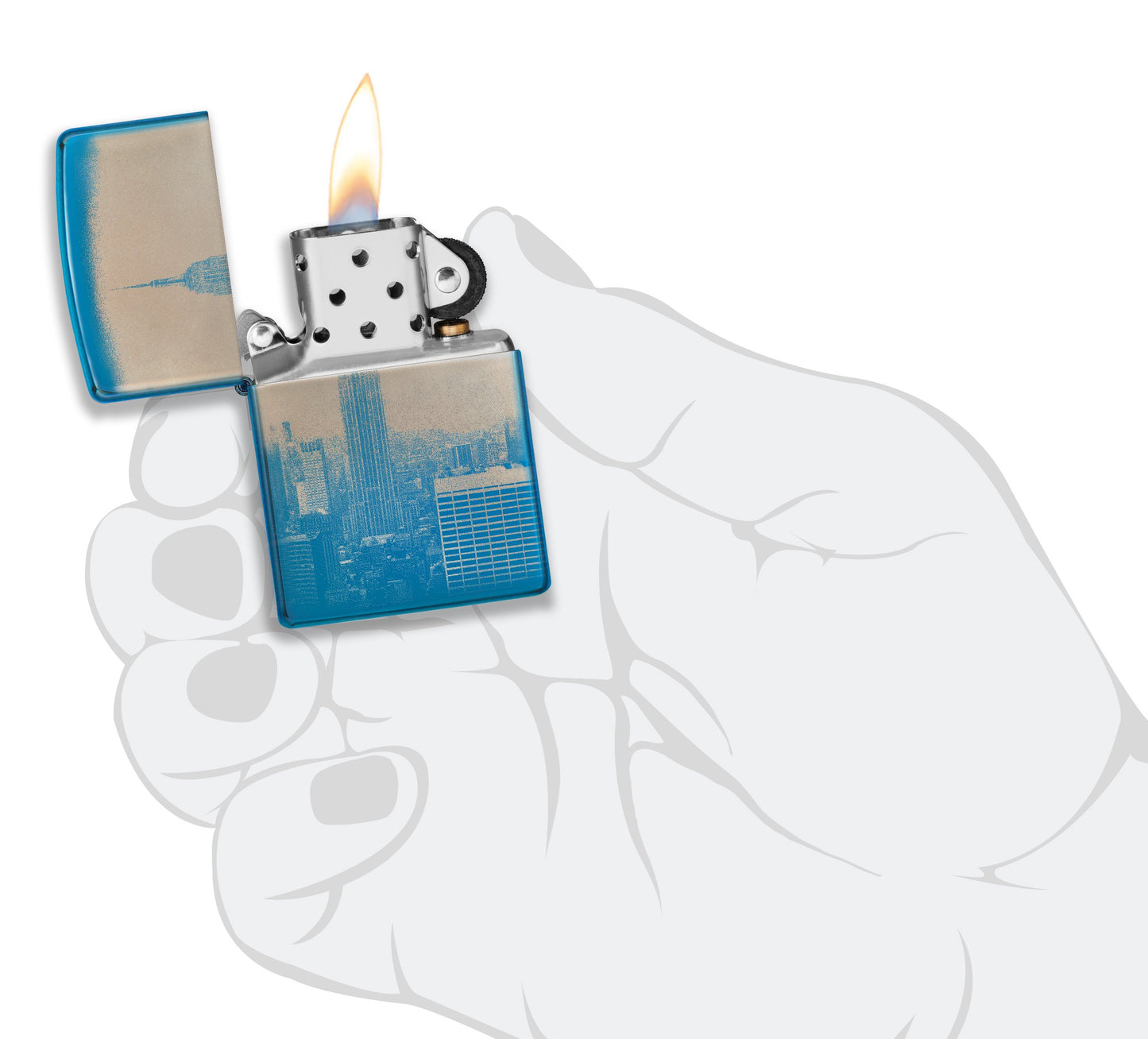 Zippo Aansteker 360 graden gepolijst blauw met New York Skyline Empire State Building Alleen online te openen met vlam in gestileerde hand