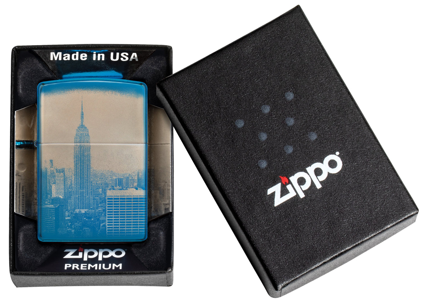 Zippo Aansteker 360 graden gepolijst blauw met New York Skyline Empire State Building Alleen online in geopende premium verpakking