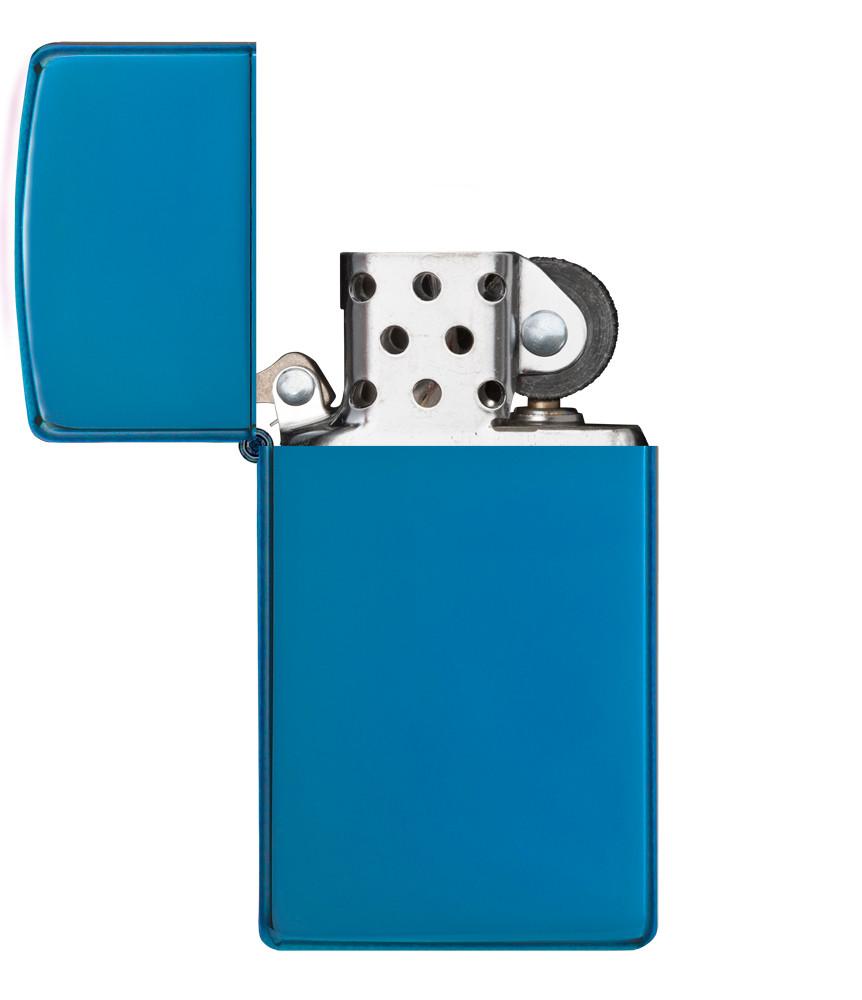 Vooraanzicht Zippo aansteker Slim Saffierblauw basismodel geopend