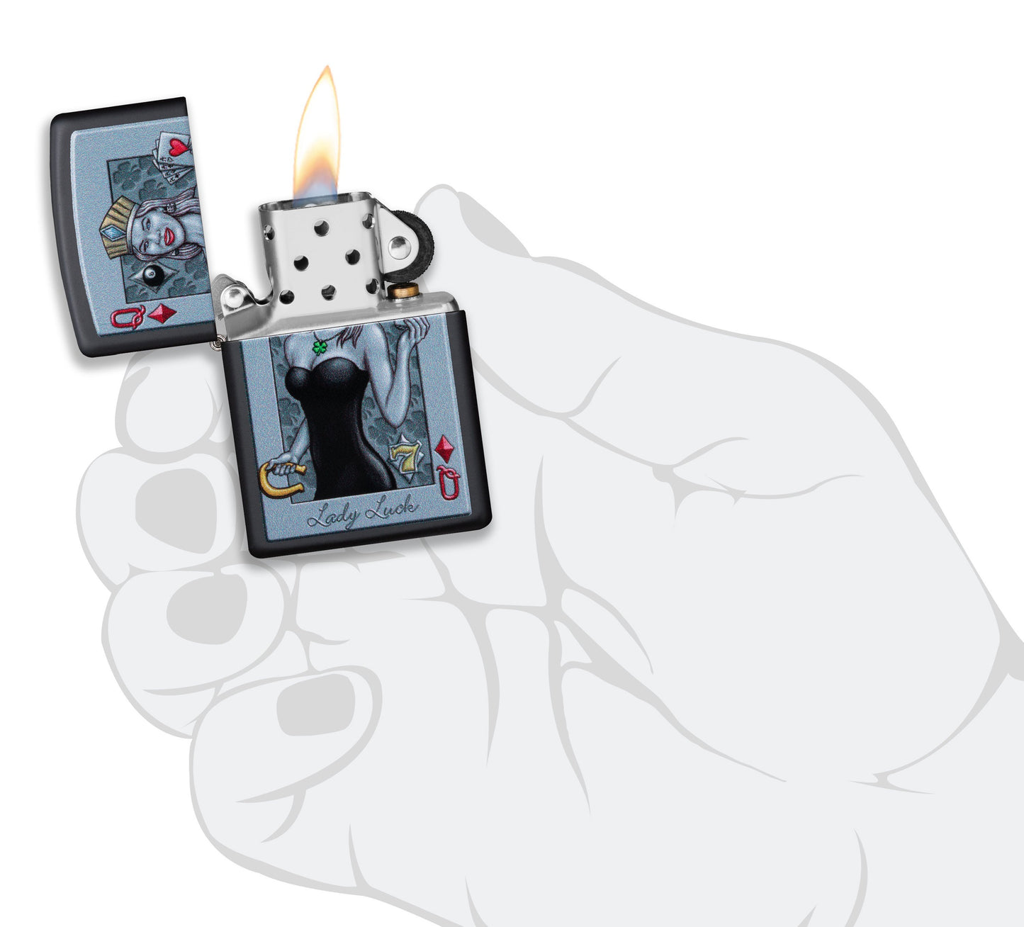 Zippo Aansteker Lady Luck Design Harten Koningin met Kroon en Hoefijzer Zwart Mat Alleen online te bestellen Open met vlam in gestileerde hand