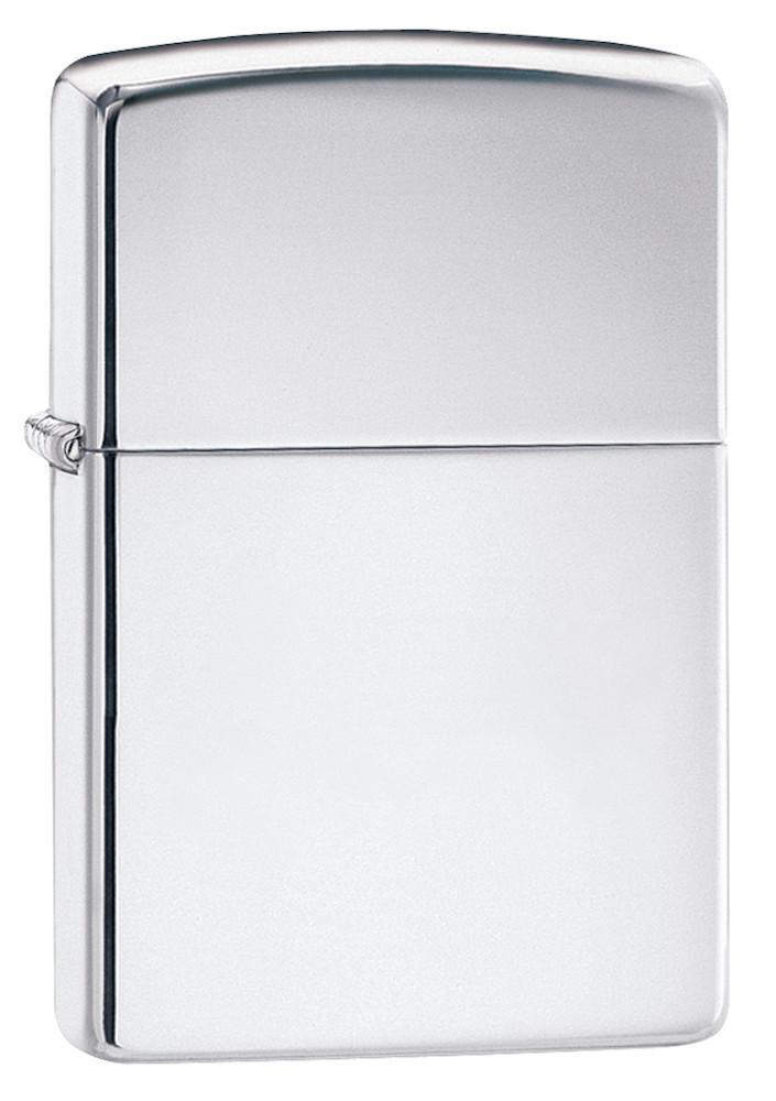 Vooraanzicht 3/4 hoek Zippo aansteker High Polish Chrome basismodel