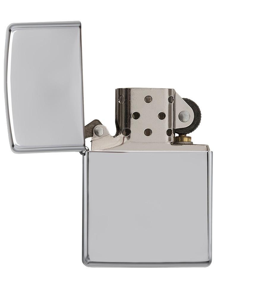 Vooraanzicht Zippo aansteker High Polish Chrome basismodel geopend
