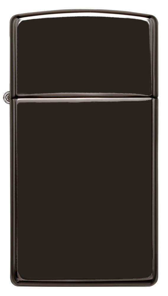 Vooraanzicht 3/4 hoek Zippo aansteker Slim High Polish Chrome basismodel zwart