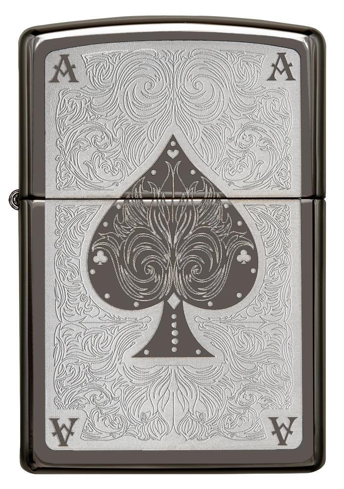 Vooraanzicht Zippo Aansteker Black Ice met schoppenaas lasergravure