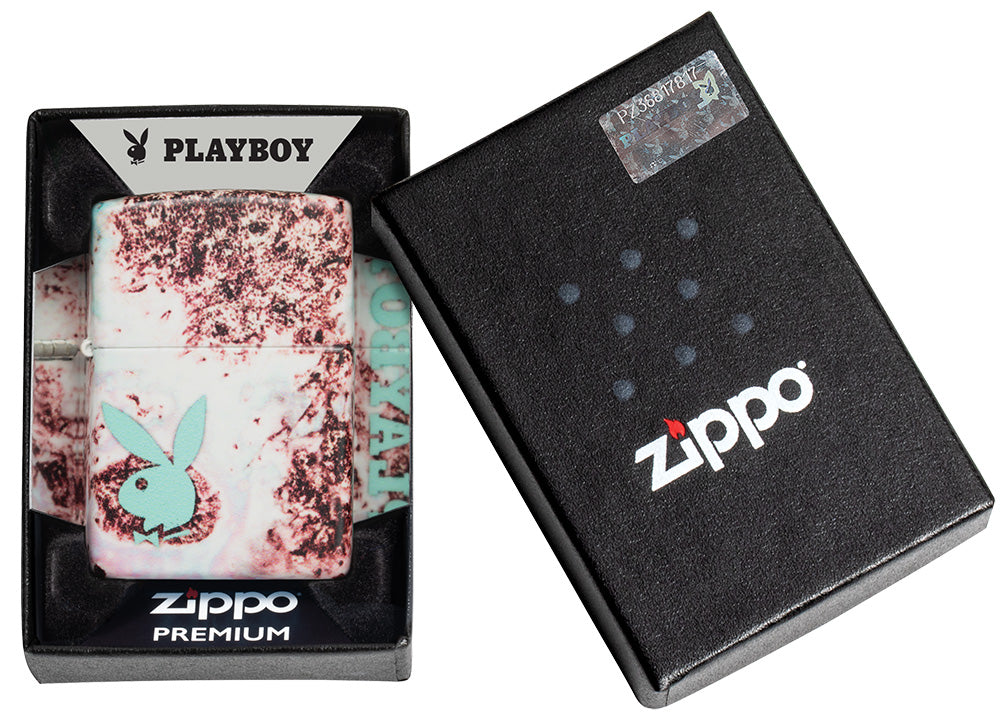 Zippo Feuerzeug mit bunter Farbpallette und mintfarbenen Playboy Hasenkopf in offener Premiumschachtel