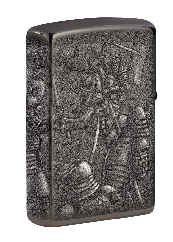 Achteraanzicht Zippo-aansteker zwart glanzend met strijdtafereel als print