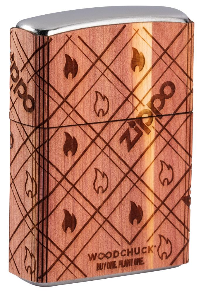 Zijaanzicht achterkant Zippo-aansteker chroom Woodchuck Zippo Flame 360°