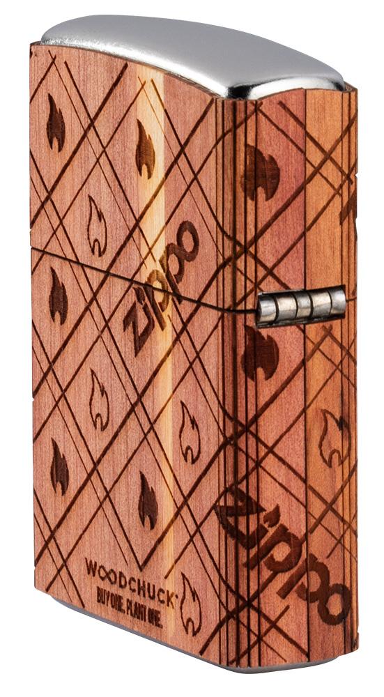 Zijaanzicht achterkant Zippo-aansteker chroom Woodchuck Zippo Flame 360°