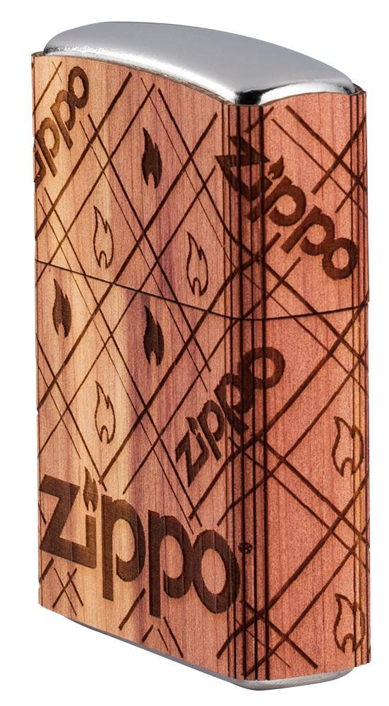 Zijaanzicht voorkant Zippo-aansteker chroom Woodchuck Zippo Flame 360°