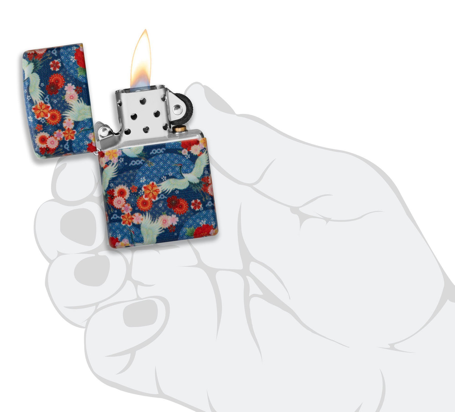 Zippo Aansteker Kimono 540 Graden Ontwerp met Witte Grote Vogels en Rode Bloemen Geopend met Vlam in Gestileerde Hand