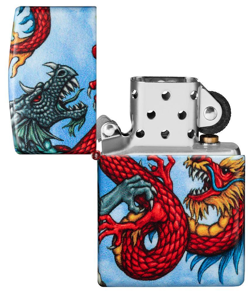 Vooraanzicht Zippo-aansteker White Matte 540° Color Image met draken open