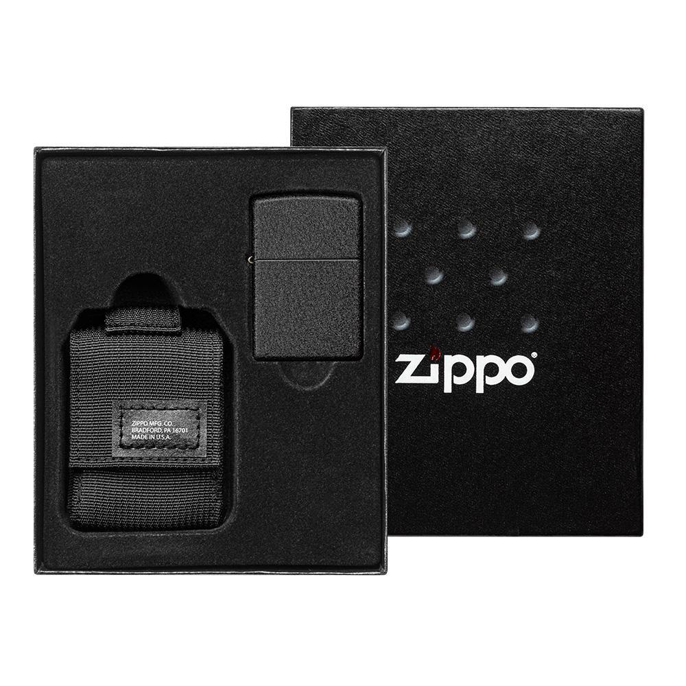 Vooraanzicht Geschenkset met Deksel Zippo-aansteker Black Crackle met zwart aanstekertasje