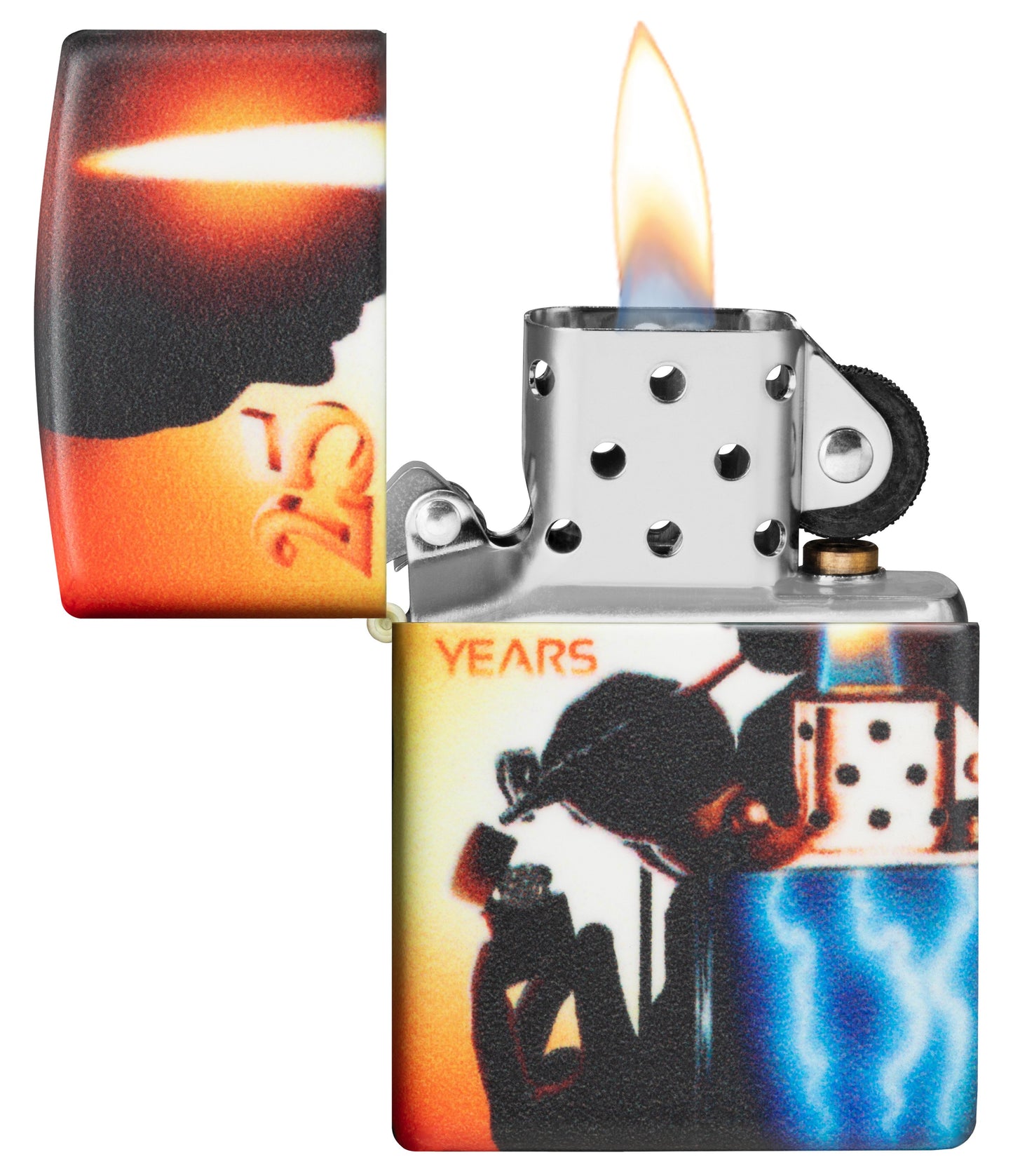 Zippo Aansteker 25 Jaar Verzamelbaar Airbrush Claudio Mazzi 540 Graden Ontwerp Geopend met Vlam