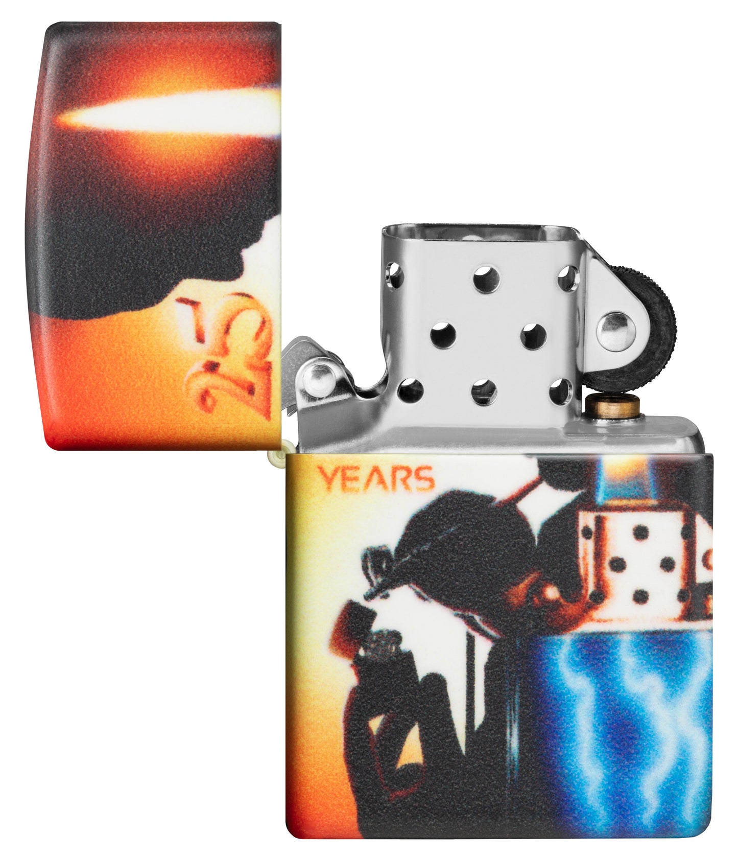 Zippo Aansteker 25 Jaar Verzamelbaar Airbrush Claudio Mazzi 540 Graden Ontwerp Geopend Zonder Vlam