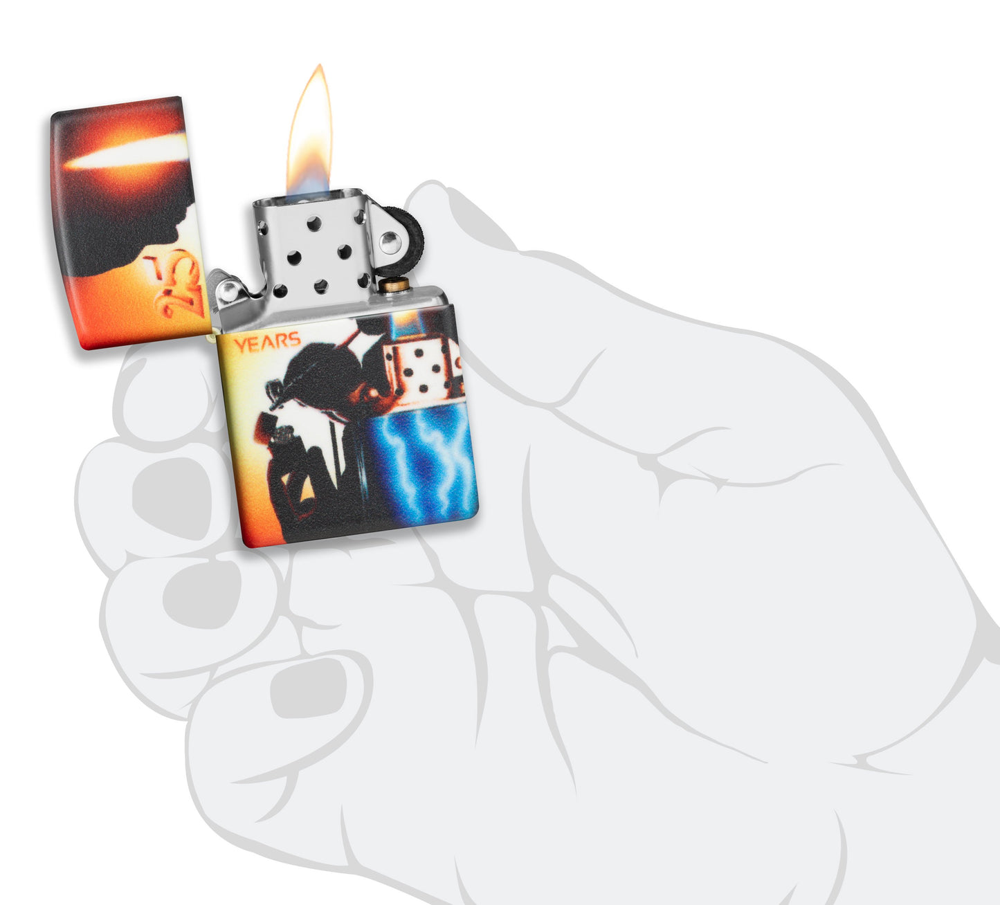 Zippo Aansteker 25 Jaar Verzamelbaar Airbrush Claudio Mazzi 540 Graden Ontwerp Geopend met Vlam in Gestileerde Hand