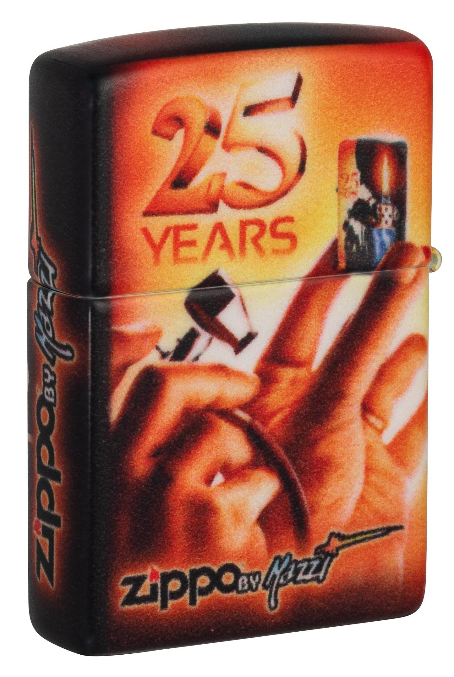 Achteraanzicht 3/4 Hoek Zippo Aansteker 25 Jaar Collectible Airbrush Claudio Mazzi 540 Graden Ontwerp met Logo