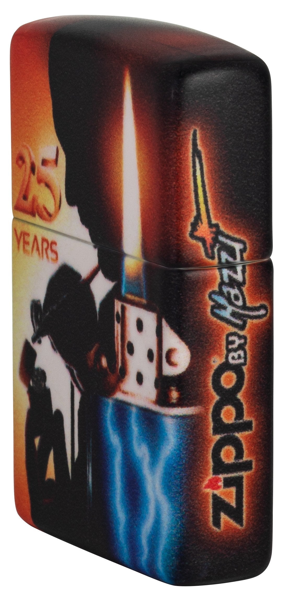 Zijaanzicht Voor 3/4 Hoek Zippo Aansteker 25 Jaar Collectible Airbrush Claudio Mazzi 540 Graden Ontwerp met Logo
