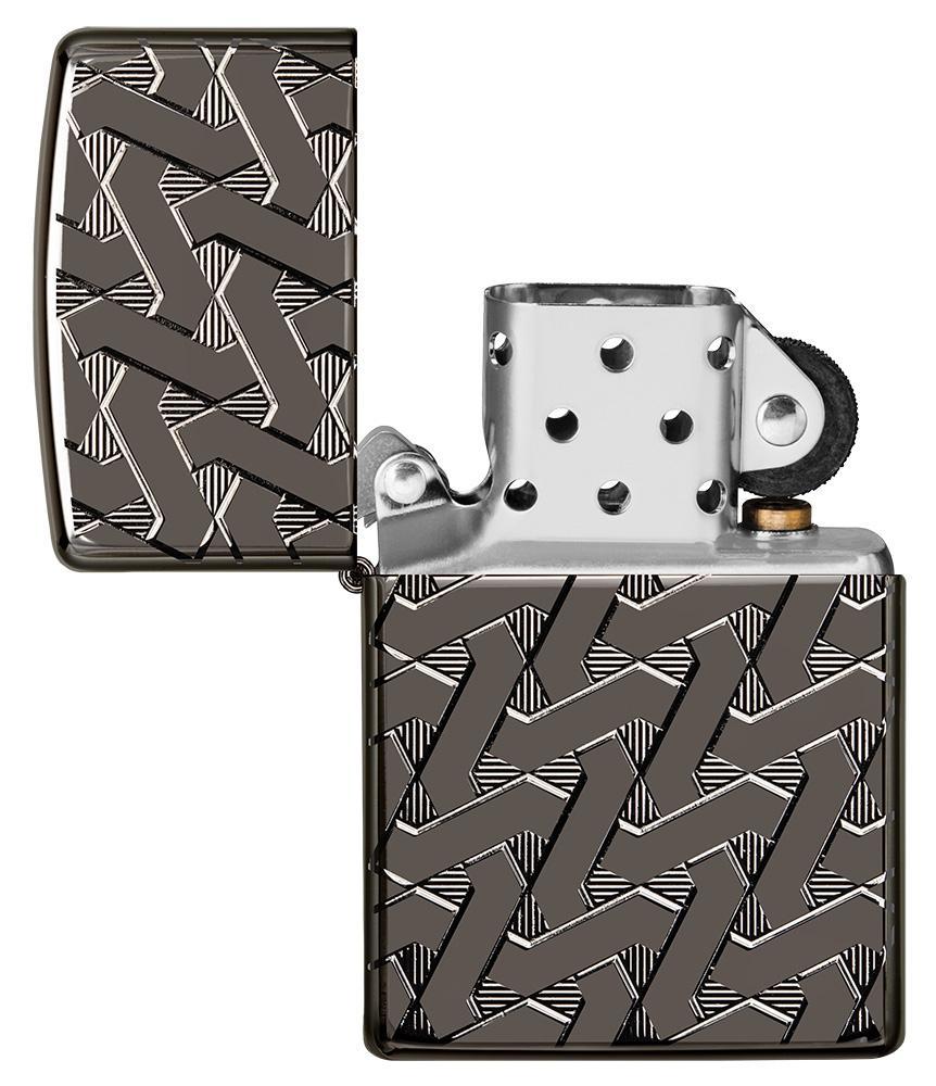 Zippo-aansteker grijs glanzend met verstrengelde zigzaglijnen open