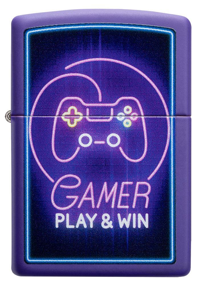 Vooraanzicht Zippo-aansteker paars met controller en het opschrift Play & Win