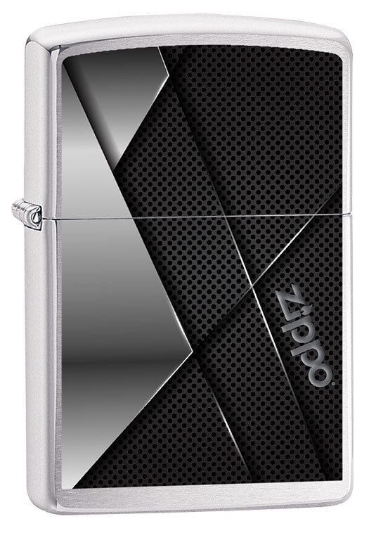 Briquet Zippo trois quart angle vue de face avec une illustration en couleur gris et noir et le logo de Zippo