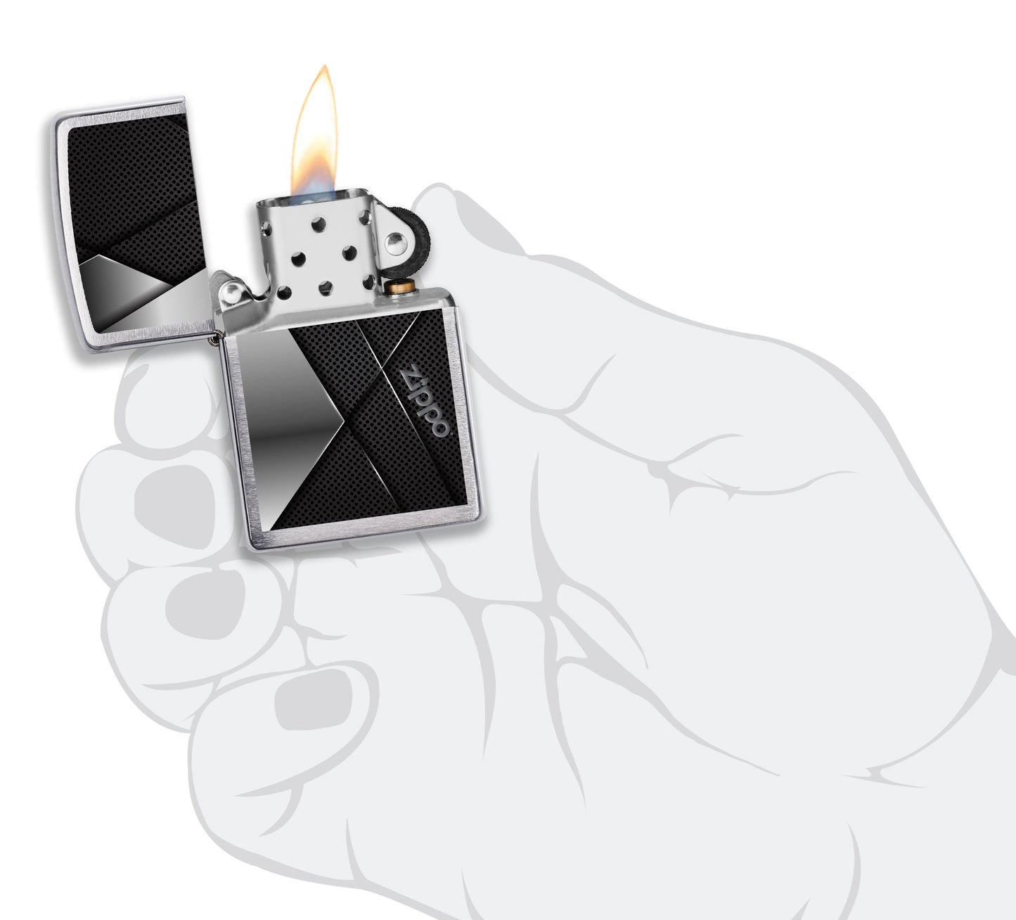Briquet Zippo vue de face ouvert et allumée en main stylisee avec une illustration en couleur gris et noir et le logo de Zippo