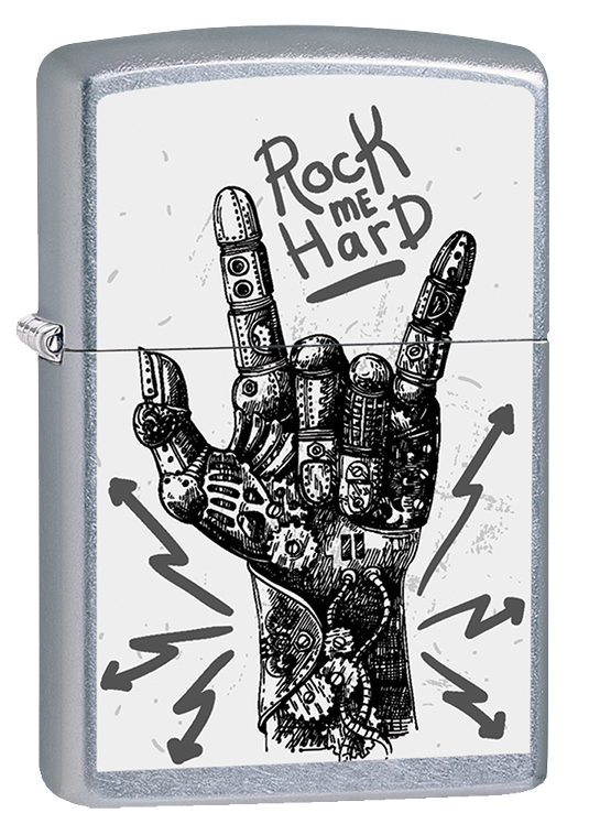 Vue de trois quarts du briquet tempête Zippo Rock Hand Design
